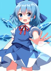 1girl :d blue_bow blue_dress blue_eyes blue_hair blush bow cirno collared_shirt commentary_request cowboy_shot dress hair_bow highres ice ice_wings looking_at_viewer neck_ribbon open_mouth outstretched_arm puffy_short_sleeves puffy_sleeves red_ribbon ribbon ruu_(tksymkw) shirt short_hair short_sleeves smile solo touhou white_shirt wings