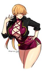 1girl alternate_color black_jacket blonde_hair breasts d-ryuu dress ear_piercing fur-trimmed_jacket fur_trim hair_over_eyes hand_up jacket large_breasts open_clothes open_jacket piercing red_dress shermie_(kof) short_dress side_slit the_king_of_fighters the_king_of_fighters_xv thighs twitter_username