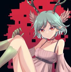 1girl antlers c_(control) claws closed_mouth collarbone eyelashes flat_chest green_hair head_wings horns knees_up looking_at_viewer orange_eyes pointy_ears q_(control) short_hair sitting socks solo usuba_kagerou_(shougyouchu) wings