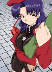 1boy 1girl arm_hug bare_legs blush breast_press breasts curvy dress game_cg hetero jacket jewelry katsuragi_misato kneeling large_breasts long_hair looking_at_viewer necklace neon_genesis_evangelion open_clothes open_jacket parted_lips purple_hair seductive_smile short_dress smile turtleneck yabusame