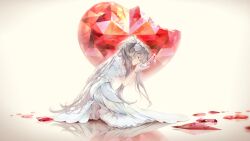 Rule 34 | 1girl, closed eyes, commentary, dress, gem, glass slipper, gloves, grey background, grey hair, grey socks, hands up, heart, high heels, holding, holding shoes, long hair, no shoes, original, puffy short sleeves, puffy sleeves, red gemstone, saihate (d3), shoes, short sleeves, simple background, socks, solo, very long hair, vocaloid, white dress, white gloves