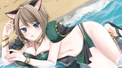 1girl adapted_costume animal_ears bangle beach bikini black_sandals blue_eyes blush bracelet breasts brown_hair cat_ears cat_girl cleavage coat coat_on_shoulders commentary_request expressionless fingernails full_body green_bikini highres jewelry large_breasts looking_at_viewer lying navel on_side open_mouth ragnarok_online ragnarok_origin sand sandals shimako_(user_jsaa7243) short_hair solo swimsuit warlock_(ragnarok_online) water