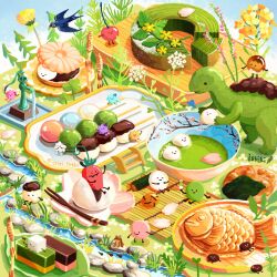 artist_name bird cake cherry_blossoms crocodilian dango day fish flower food food_focus frog fruit grass issiki_toaki lily_pad no_humans original outdoors petals pink_flower plate rock sanshoku_dango strawberry taiyaki twitter_username wagashi water yellow_flower