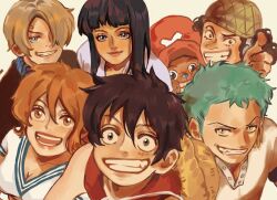 2girls 5boys bandana_around_arm black_hair blonde_hair blue_eyes blue_nose blunt_bangs breasts cleavage collared_shirt commentary cross curly_eyebrows derivative_work earrings english_commentary green_hair hair_over_one_eye hat jewelry long_nose monkey_d._luffy multiple_boys multiple_girls nami_(one_piece) nami_(one_piece)_(east_blue) nico_robin nico_robin_(alabasta) one_piece orange_eyes orange_hair red_shirt roronoa_zoro sanji_(one_piece) scar scar_on_face screenshot_redraw serein shirt short_hair simple_background sleeveless sleeveless_shirt smile straw_hat_pirates thumbs_up tony_tony_chopper usopp v-shaped_eyebrows white_shirt