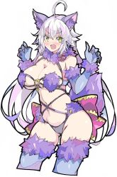 1girl ahoge animal_ears armpit_crease back_bow bare_shoulders black_panties blue_thighhighs blush bow breasts claw_pose claws cleavage cosplay covered_erect_nipples detached_sleeves enpe fang fate/grand_order fate_(series) flustered fox_ears fox_tail fur grey_hair hair_between_eyes highres jeanne_d&#039;arc_alter_(fate) large_breasts long_hair looking_at_viewer mash_kyrielight mash_kyrielight_(dangerous_beast) mash_kyrielight_(dangerous_beast)_(cosplay) midriff navel o-ring o-ring_top open_mouth panties pink_bow revealing_clothes simple_background stomach surprised tail thick_thighs thigh_gap thighhighs thighs underwear very_long_hair white_background wide_hips wrist_cuffs yellow_eyes