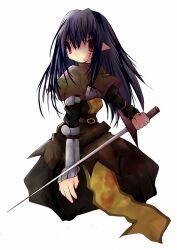 1girl 2000s_(style) blood blood_on_face brown_capelet brown_dress capelet chest_guard closed_mouth commentary_request cowboy_shot dress empty_eyes floral_print holding holding_sword holding_weapon long_hair looking_at_viewer purple_hair ragnarok_online red_eyes rose_print simple_background smile solo sword swordsman_(ragnarok_online) weapon white_background yu_(lilacxx)