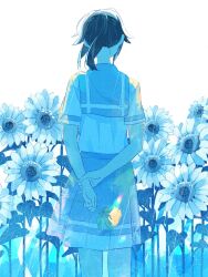 1girl blue_theme flower from_behind hibike!_euphonium highres kasaki_nozomi kitauji_high_school_uniform liz_to_aoi_tori rain sawara65 school_uniform solo sunflower white_background yellow_flower