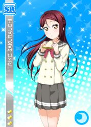 Rule 34 | 1girl, anime coloring, blue background, blush, bow, bowtie, buttons, card (medium), cowboy shot, diamond (shape), double-breasted, food, grey sailor collar, grey skirt, hair ornament, hairclip, half updo, hands up, holding, holding food, holding sandwich, long hair, long sleeves, looking at viewer, love live!, love live! school idol festival, love live! sunshine!!, official art, open mouth, parted lips, pleated skirt, raised eyebrows, red bow, red bowtie, red hair, sailor collar, sakurauchi riko, sandwich, school uniform, serafuku, shirt, skirt, solo, standing, star (symbol), uranohoshi school uniform, white shirt, winter uniform, yellow eyes
