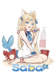 1girl :d absurdres ahoge animal_ear_fluff animal_ears anklet bare_arms bare_legs bare_shoulders barefoot beach between_legs blonde_hair blue_eyes blue_hair blue_nails blue_neckerchief blue_sailor_collar blue_scrunchie blue_streaks blue_tail cat_ears character_name crab dress fang fingernails fins fish_hair_ornament fish_tail flat_chest full_body hair_ornament halloween_bucket hand_between_legs hand_between_thighs hand_up highres holding indie_virtual_youtuber jewelry lifebuoy_hair_ornament lighthouse long_hair looking_at_viewer low_twintails mucheng multicolored_hair nail_polish neckerchief one_side_up open_mouth sailor_collar sailor_dress sameko_saba sand scrunchie shark_tail short_dress side_ahoge simple_background sitting skin_fang sleeveless sleeveless_dress smile solo starfish streaked_hair tail twintails very_long_hair virtual_youtuber wariza white_background white_dress wrist_scrunchie