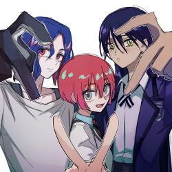 1girl 2girls amate_yuzuriha aqua_eyes blue_hair finger_heart gundam gundam_gquuuuuux highres looking_at_viewer medium_hair multiple_girls nyaan_(gundam_gquuuuuux) red_eyes red_hair salute school_uniform shirt shuji_ito sonnambulo777 two-finger_salute white_background white_shirt