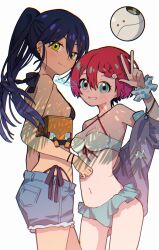 2girls amate_yuzuriha aqua_eyes bikini blush breasts cleavage commentary_request conch_(gundam) cowboy_shot denim denim_shorts gundam gundam_gquuuuuux haro highres kitton_(hekiku13) long_hair multiple_girls non-humanoid_robot nyaan_(gundam_gquuuuuux) open_mouth ponytail purple_hair red_hair robot short_hair shorts simple_background small_breasts smile swimsuit w white_background yellow_eyes