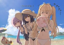 Rule 34 | &gt; &lt;, ..., 1boy, 4girls, :o, :t, alternate costume, ame wa, backlighting, ball, beach, beach umbrella, beachball, bikini, bikini under clothes, black bikini, black hair, black one-piece swimsuit, blonde hair, blue bow, blue one-piece swimsuit, blue sky, blush, bow, breasts, brown hair, cleavage, clenched hand, closed mouth, cloud, commentary request, cowboy shot, day, eyes visible through hair, floral print, flying sweatdrops, frilled bikini, frills, goggles, hair between eyes, hair bow, hair intakes, hands up, hat, highres, holding, holding ball, holding beachball, jitome, katou umi, kushima kamome, large breasts, leaning forward, long hair, looking at another, low ponytail, lying, medium breasts, mizuori shizuku, multiple girls, ocean, on back, one-piece swimsuit, open mouth, outdoors, paddle, peeking out, pink eyes, pink hair, ponytail, purple hair, school swimsuit, see-through clothes, see-through shirt, shirt, short hair, short sleeves, sidelocks, sky, smile, speech bubble, spiked hair, split mouth, spoken ellipsis, squatting, standing, straight hair, straw hat, summer pockets, swim goggles, swimsuit, table tennis paddle, takahara hairi, tareme, translated, tsumugi wenders, twintails, two side up, umbrella, under umbrella, v-shaped eyebrows, very long hair, white bikini, white bow, white shirt, yellow eyes