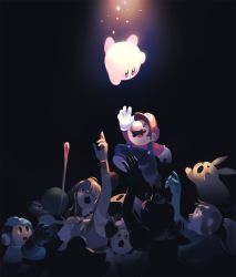 arm_cannon big_nose blonde_hair bodysuit creatures_(company) dark_background dress facial_hair game_freak gen_1_pokemon gg_d.g. gloves hair_over_one_eye hat helmet ice_climber ice_climbers jewelry jigglypuff kirby kirby_(series) light light_particles long_hair long_tongue looking_up mario mario_(series) mega_man_(character) mega_man_(classic) mega_man_(series) metroid multiple_boys multiple_girls mustache necklace nintendo overalls pac-man pac-man_(game) pikachu pokemon pokemon_(creature) ponytail princess_daisy princess_zelda reaching reaching_towards_viewer red_hat samus_aran super_mario_land super_smash_bros. the_legend_of_zelda tongue tongue_out weapon yoshi