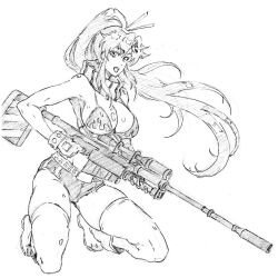 Rule 34 | 1girl, armpits, bare shoulders, belt, boots, bracelet, breasts, cleavage, fingerless gloves, flame print, full body, gloves, gun, hair ornament, high ponytail, holding, holding weapon, jewelry, kubo tite (style), large breasts, long hair, looking at viewer, micro shorts, monochrome, no shirt, ponytail, rakusakugk, rifle, scarf, shorts, sketch, skull hair ornament, solo, striped clothes, striped scarf, studded belt, studded bracelet, tengen toppa gurren lagann, thighhighs, weapon, yoko littner
