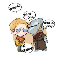 2boys armor belt blonde_hair blue_eyes blush boots brown_background brown_belt brown_boots brown_coat capelet chibi coat commentary english_commentary english_text full_armor full_body gauntlets gloves green_pants hans_capon helmet henry_of_skalitz jacket kingdom_come:_deliverance_ii looking_at_another multiple_boys no_pupils pants parted_lips red_capelet red_gloves sabaton scared short_hair simple_background speech_bubble standing sweatdrop teeth tworain_w white_background yellow_jacket