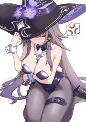 1girl absurdres alternate_costume anger_vein arm_under_breasts ascot bare_shoulders black_hat black_pantyhose black_shoes blush breasts brown_hair closed_eyes collarbone commentary hair_spread_out hat herta_(honkai:_star_rail) high_heels highres honkai:_star_rail honkai_(series) jewelry key key_necklace large_breasts leotard long_hair necklace oldsickkim pantyhose purple_leotard seiza shoes simple_background sitting solo spoken_anger_vein strapless strapless_leotard sweatdrop the_herta_(honkai:_star_rail) white_ascot white_background witch_hat wrist_cuffs