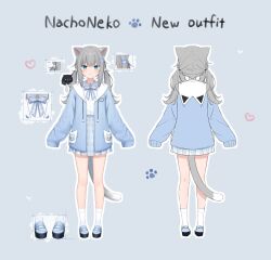 Rule 34 | 1girl, :3, amashiro natsuki, animal ears, animal hood, blue bow, blue eyes, blue footwear, blue jacket, blue skirt, blush, bow, cat ears, cat girl, cat hood, cat tail, character name, closed mouth, collared shirt, commentary request, drawstring, dress shirt, fake animal ears, frilled skirt, frills, grey background, grey hair, hair ornament, heart, highres, hood, hood down, hooded jacket, indie virtual youtuber, jacket, loafers, long sleeves, low twintails, multiple views, nachoneko, open clothes, open jacket, plaid bow, plaid clothes, plaid skirt, pleated skirt, shirt, shoes, simple background, skirt, sleeves past fingers, sleeves past wrists, socks, straight-on, tail, turnaround, twintails, virtual youtuber, white shirt, white socks