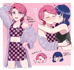 2girls arm_up arms_around_neck arrow_(symbol) black_shirt blue_hair blush blush_stickers border chibi chibi_inset closed_mouth coat coat_partially_removed collarbone commentary_request crop_top cropped_shirt cropped_torso curtained_hair diagonal-striped_background eighth_note embarrassed facing_another flipped_bangs flying_sweatdrops hanayagi_kaoruko hand_on_own_hip hand_up head_only heart hug isurugi_futaba jitome kiss kissing_cheek long_sleeves looking_to_the_side medium_hair midriff miniskirt multiple_girls musical_note navel nose_blush open_clothes open_coat open_mouth outside_border pink_background pink_hair plaid_clothes plaid_shirt plaid_skirt purple_coat purple_eyes purple_shirt purple_skirt raised_eyebrow shirt short_hair shoujo_kageki_revue_starlight simozuru skirt sleeveless sleeveless_shirt spoken_musical_note striped_background translation_request white_border yuri