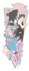 2girls ;d absurdres ame-chan_(needy_girl_overdose) black_hair blister_pack blonde_hair blue_bow blue_eyes blue_hair blue_serafuku blue_shirt blue_skirt bow chouzetsusaikawa_tenshi-chan cigarette collared_shirt dual_persona full_body hair_bow hands_up heart highres holding holding_cigarette joint_(drug) long_hair long_sleeves looking_ahead looking_at_viewer lsd multicolored_hair multiple_girls multiple_hair_bows needy_girl_overdose one_eye_closed open_mouth pill pill_bottle pink_bow pink_hair pleated_skirt purple_bow quad_tails red_shirt sanyang003 school_uniform serafuku shirt shoes sitting skirt smile smoke sparkle standing suspender_skirt suspenders twintails w w_over_eye white_background yellow_bow