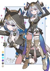 1girl absurdres amane_ito animal_ears animal_hood belt black_gloves black_leotard blue_eyes boots breasts cat_ears cat_girl cat_hood cat_tail cipher_(honkai:_star_rail) cleavage coin commentary_request fingerless_gloves full_body gloves gold_boots high_heel_boots high_heels highres holding holding_coin honkai:_star_rail honkai_(series) hood hooded_leotard large_breasts leotard mole mole_on_breast multiple_views shorts solo tail thigh_belt thigh_boots thigh_strap thighs white_background white_shorts yellow_nails