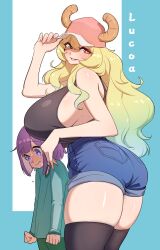 Rule 34 | 1boy, 1girl, age difference, ass, black thighhighs, blush, breasts, denim, denim shorts, embarrassed, gradient hair, grin, heterochromia, highres, huge breasts, kobayashi-san chi no maidragon, long hair, looking at viewer, lucoa (maidragon), magatsuchi shouta, multicolored hair, onee-shota, purple eyes, purple hair, shorts, smile, tank top, thighhighs, thighs, yabby