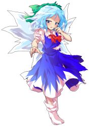 1girl alphes_(style) aqua_hair blue_eyes blue_skirt blush bobby_socks cirno collared_shirt commentary_request dairi defeat full_body green_ribbon hair_ribbon half-closed_eyes hand_up ice ice_wings large_variant_set long_skirt looking_at_viewer medium_hair neckerchief open_mouth parody red_neckerchief ribbon shirt short_sleeves skirt skirt_set socks solo style_parody tachi-e torn_clothes touhou transparent_background variant_set white_shirt white_socks wings