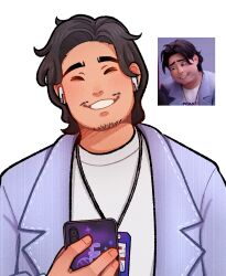 Rule 34 | 1boy, absurdres, airpods, beard stubble, black hair, bobby (kpop demon hunters), closed eyes, coat, commentary, english commentary, facial hair, facing viewer, franzkunnn, grey coat, grin, highres, holding, holding phone, id card, jewelry, kpop demon hunters, long hair, male focus, necklace, phone, reference inset, shirt, smile, stubble, white background, white shirt, wireless earphones