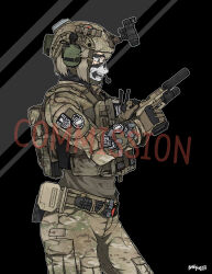 1girl absurdres american_flag ammunition_pouch artist_name bangdog belt black_gloves blonde_hair brown_gloves bulletproof_vest camouflage camouflage_shirt combat_helmet commission cowboy_shot dated dog_tags ear_protection escape_from_tarkov flashlight from_side glock gloves grey_eyes gun handgun helmet highres holding holding_weapon holster looking_at_object magazine_(weapon) mask medium_hair night_vision_device optical_sight original pouch shirt shirt_tucked_in skull_mask solo suppressor tourniquet trigger_discipline two-tone_gloves unit_patch watermark weapon