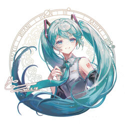 1girl aqua_eyes aqua_hair aqua_nails aqua_necktie arm_tattoo chinese_commentary collared_shirt commentary_request cropped_torso dated detached_sleeves grey_shirt grin hatsune_miku highres light_blush long_hair memory_mie nail_polish necktie number_tattoo shirt signature simple_background sleeveless sleeveless_shirt smile solo tattoo twintails very_long_hair vocaloid white_background