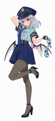 1girl alternate_costume arm_up bat_wings belt black_belt black_gloves black_pantyhose black_shoes blue_hair blue_hat blue_necktie blue_shirt blue_skirt blush closed_mouth collared_shirt cuffs fingerless_gloves full_body fuzzy_handcuffs gloves gotou_(nekocat) handcuffs hat highres looking_at_viewer medium_hair necktie pantyhose pleated_skirt police police_hat police_uniform red_eyes red_nails remilia_scarlet sample_watermark shirt shoes signature simple_background skirt solo standing standing_on_one_leg touhou watermark white_background wings