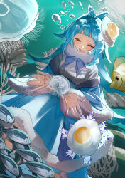 Rule 34 | 1girl, absurdres, air bubble, blue dress, blue hair, bubble, closed eyes, dress, fish, fried egg, fur trim, highres, indie virtual youtuber, jellyfish, long hair, mitsuki kurara, open mouth, smile, solo, underwater, virtual youtuber, yukiusagi inkya