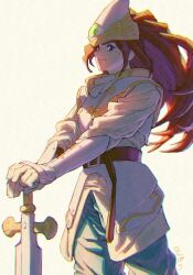 1boy artist_name blue_eyes blue_pants brown_hair coat cowboy_shot duran_(seiken_densetsu_3) gold_trim helmet highres holding holding_sword holding_weapon long_hair looking_at_viewer male_focus nanpou_(nanpou0021) paladin pants parted_bangs parted_lips seiken_densetsu seiken_densetsu_3 simple_background smile solo sword vambraces weapon white_coat white_headwear