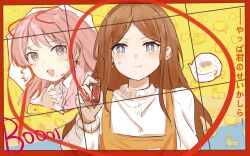 2girls absurdres anger_vein anon_tokyo_(bang_dream!) ansy09080527 bang_dream! bang_dream!_it&#039;s_mygo!!!!! blue_eyes blush brown_hair chihaya_anon chinese_commentary closed_mouth commentary_request crayon earrings fang grey_eyes heart heart_earrings highres jewelry long_hair multiple_girls nagasaki_soyo open_mouth parted_bangs pink_hair pout sidelocks single_earring spoken_object sweatdrop sweater translation_request white_sweater