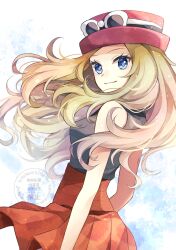 1girl blonde_hair blue_eyes closed_mouth commentary creatures_(company) eyelashes eyewear_on_headwear floating_hair game_freak hat highres long_hair looking_to_the_side nintendo pleated_skirt pokemon pokemon_xy serena_(pokemon) shirt skirt sleeveless sleeveless_shirt smile solo sunglasses watermark yomogi_(black-elf)
