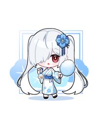 1girl alternate_costume bag bagged_fish blue_border blue_flower blush border breasts chibi cinderella_(nikke) commentary cotton_candy deformed fish floral_background floral_print flower food goddess_of_victory:_nikke goldfish hair_flower hair_ornament hair_over_one_eye hand_up holding holding_cotton_candy holding_food japanese_clothes kimono long_hair long_sleeves momori_sensei obi open_mouth red_eyes sash simple_background smile solo twintails very_long_hair white_background white_hair wide_sleeves