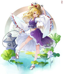 1girl absurdres animal_print blonde_hair brown_hat floral_print flower frog frog_print geta hair_ribbon hat highres lily_pad long_hair long_sleeves looking_at_viewer moriya_suwako plant purple_skirt purple_vest red_ribbon ribbon skirt skirt_set smile socks solo touhou vest water wide_sleeves yellow_eyes yomatsuri_(festival_night)