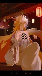 Rule 34 | 1girl, absurdres, architecture, arknights, arm support, bare shoulders, bead necklace, beads, blonde hair, breasts, closed eyes, closed mouth, dragon girl, dragon horns, dragon tail, east asian architecture, eastern dragon horns, eastern dragon tail, hair between eyes, highres, horns, jewelry, lantern, long hair, long sleeves, necklace, off shoulder, pointy ears, seimp, shu (arknights), small breasts, smile, solo, tail, wide sleeves