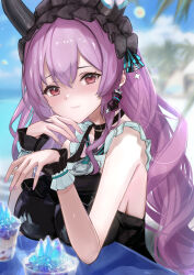 1girl absurdres arknights bare_shoulders black_hairband black_horns black_one-piece_swimsuit black_tail blue_sky blurry blurry_background blush breast_rest breasts breasts_on_table closed_mouth commentary_request day fang food frilled_hairband frilled_one-piece_swimsuit frilled_wristband frills hair_between_eyes hairband highres horns kyuu_(q_des9) large_breasts long_hair looking_at_viewer official_alternate_costume one-piece_swimsuit purple_hair shaved_ice skin_fang sky smile solo swimsuit typhon_(arknights) typhon_(temperature_difference)_(arknights)