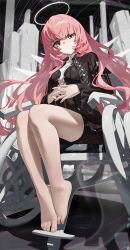 Rule 34 | 1girl, absurdres, arknights, barefoot, black dress, black jacket, closed mouth, dress, from below, hair between eyes, halo, highres, jacket, lemuen (arknights), long hair, looking at viewer, own hands together, pink hair, shirt, sidelocks, solo, songchuan li, toes, white shirt, yellow eyes