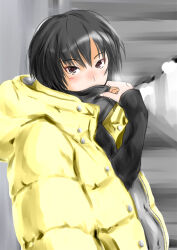 1girl amagami black_hair black_scarf black_shirt blush brown_eyes commentary covering_own_mouth down_jacket hair_between_eyes hood hood_down jacket long_sleeves looking_at_viewer murasaki_iro nanasaki_ai nose_blush open_clothes open_jacket scarf shirt short_hair solo yellow_jacket