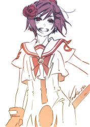 1girl aika_granzchesta aria_(manga) artist_name bow bowtie cowboy_shot earrings eyelashes flower gloves hair_flower hair_ornament hat highres himeya_company_uniform itou_youko jewelry looking_at_viewer red_bow red_bowtie red_hat rose sailor_collar short_hair short_sleeves sidelocks signature simple_background sketch smile solo teeth white_background x_hair_ornament