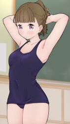 Rule 34 | 1girl, alternate hairstyle, arms behind head, blue one-piece swimsuit, blunt bangs, blush, braid, breasts, brown hair, center-flap bangs, chalkboard, commentary request, commission, half up braid, highres, indoors, kachimachi kosuzu, link! like! love live!, liz (piyoko piyop), looking at viewer, love live!, medium breasts, one-piece swimsuit, pink eyes, ponytail, skeb commission, solo, swimsuit, thighs, virtual youtuber