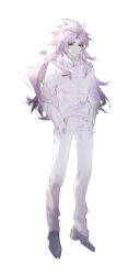 1boy absurdres anna_(anna-oto-01) chinese_commentary closed_mouth commentary_request curtained_hair eyes_visible_through_hair full_body grey_shoes hands_in_pockets hatsutori_hajime highres jacket long_hair long_sleeves male_focus pants parted_bangs pink_hair red_eyes saibou_shinkyoku shoes simple_background tsurime white_background white_jacket white_pants