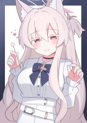 1girl absurdres akira_(blue_archive) animal_ear_fluff animal_ears black_border black_bow black_bowtie black_choker blue_archive border bow bowtie choker commentary_request fox_ears grey_hair grey_halo halo heart highres holding long_hair long_sleeves looking_at_viewer mimikaki rakirakito red_eyes shirt smile solo very_long_hair white_background white_shirt