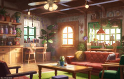 absurdres antique_phone bilingual_commentary book bookshelf candle ceiling_light chair commentary couch day door english_commentary flower hanagamigendai highres indoors lamp mixed-language_commentary no_humans original phone plant potted_plant rotary_phone scenery shelf sunflower sunlight table twitter_username variant_set window wooden_floor
