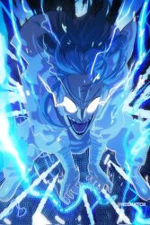 1boy arm_wrap artist_name blue_background commission highres jujutsu_kaisen kashimo_hajime lightning lightning_glare open_mouth pants shirt skeb_commission watermark white_pants white_shirt xoskxtch