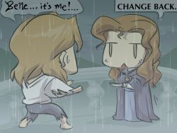 1boy 1girl :&lt; barefoot beast_(disney) beauty_and_the_beast_(disney) belle_(disney) blonde_hair brown_hair chibi cloak english_text holding holding_knife john_su knife long_hair rain shirt sweatdrop t_t torn_clothes torn_shirt