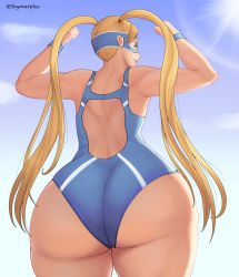 1girl absurdres artist_name ass ass_focus back blonde_hair blue_eyes flexing from_behind highres huge_ass long_hair mask one-piece_swimsuit rainbow_mika shymarplus sky smile solo street_fighter street_fighter_v swimsuit thick_thighs thighs twintails wide_hips