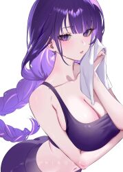 1girl absurdres alternate_costume arm_under_breasts artist_name bare_arms bare_shoulders blush braid braided_ponytail breasts cleavage collarbone commentary earrings genshin_impact highres holding holding_towel jewelry large_breasts long_hair looking_at_viewer mole mole_under_eye navel paid_reward_available parted_lips purple_eyes purple_hair purple_sports_bra raiden_shogun ringeko-chan simple_background solo sports_bra sweat towel white_background