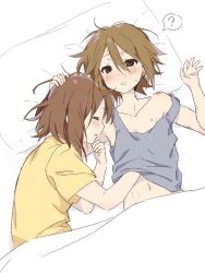 2girls :o ? bite_mark bite_mark_on_arm bite_mark_on_breast bite_mark_on_neck bite_mark_on_shoulder bite_mark_on_stomach blush breasts brown_hair grey_shirt hair_between_eyes hand_under_clothes headpat hickey highres hirasawa_yui holding k-on! messy messy_hair multiple_girls open_mouth pillow shaofangziran shirt short_hair short_sleeves simple_background sleeping sleeveless sleeveless_shirt small_breasts sweat tainaka_ritsu teeth white_background yellow_shirt yuri